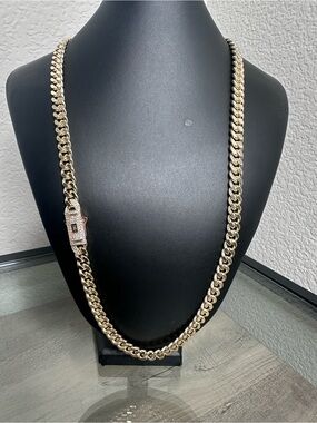 Gold Filled Chunky Cuban Link Necklace with Pave Lock - Gold Tone